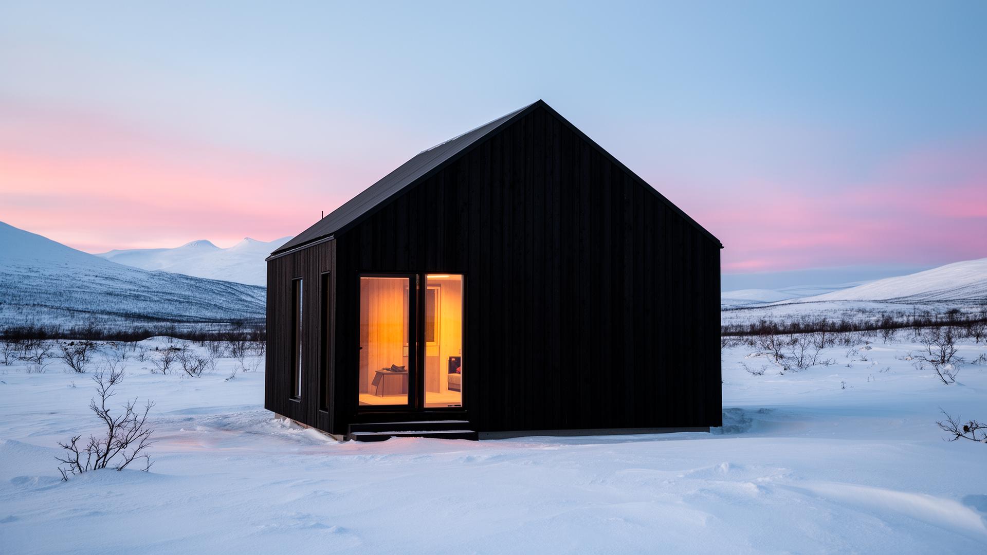 Anpassat hus i jämtländsk fjällmiljö vid skymning