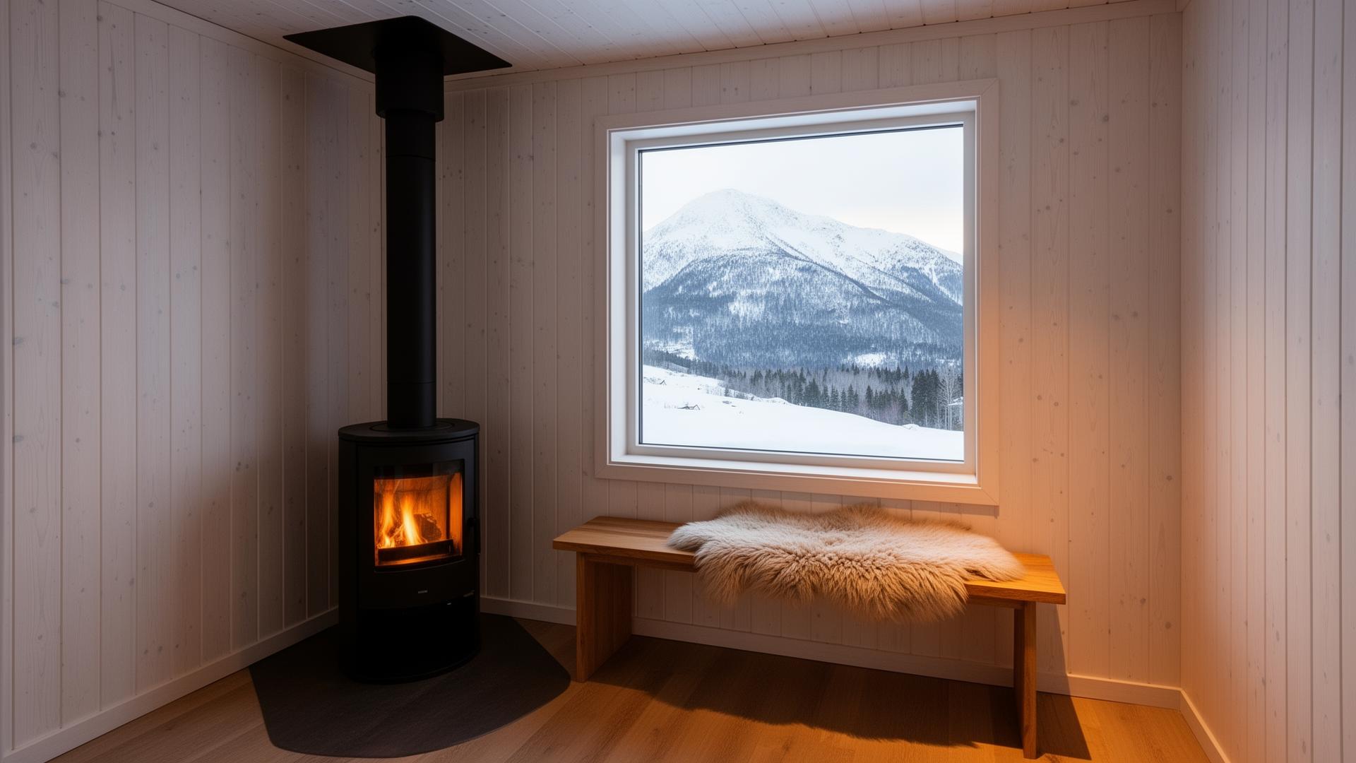 Interiör med kamin och fjällutsikt