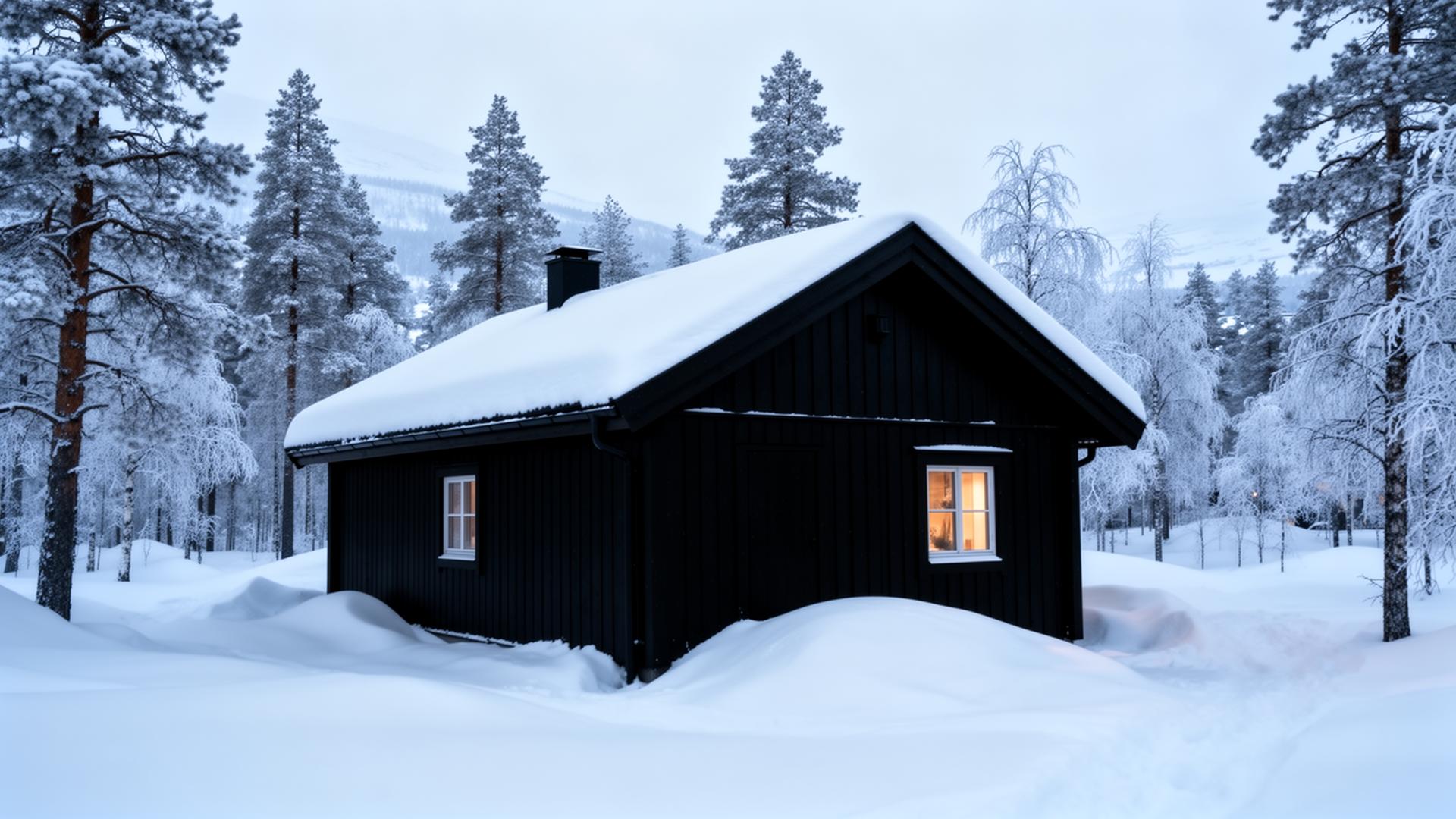 Snötäckt hus i fjällmiljö